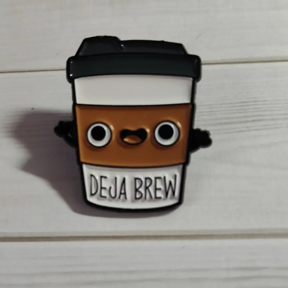 Funny To Go Coffee Cup Deja Brew Pin Humor Lapel Hat Badge